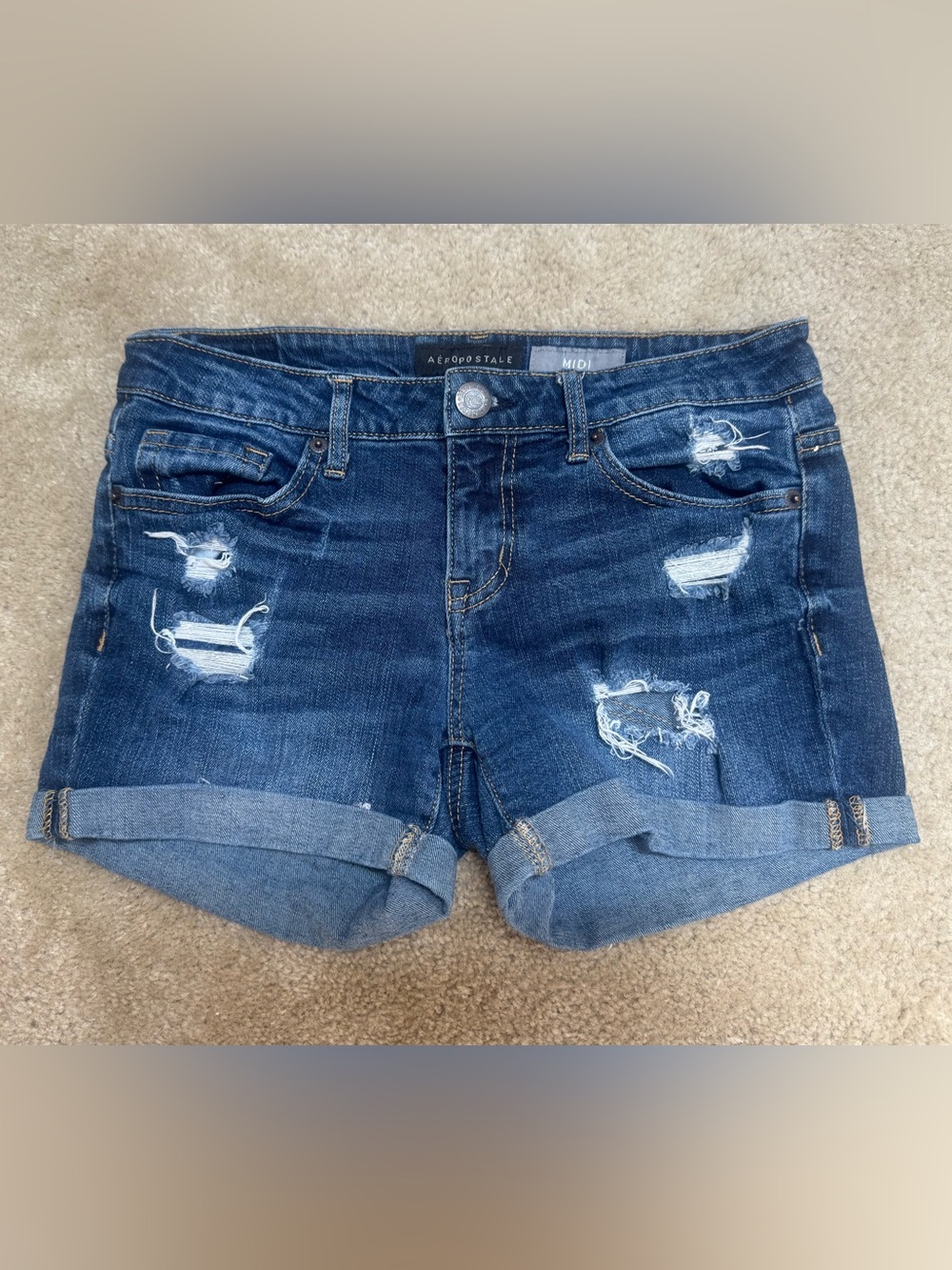 Aeropostale Sz 2 Women's Dark Blue Distressed Cuffed Denim Shorts
